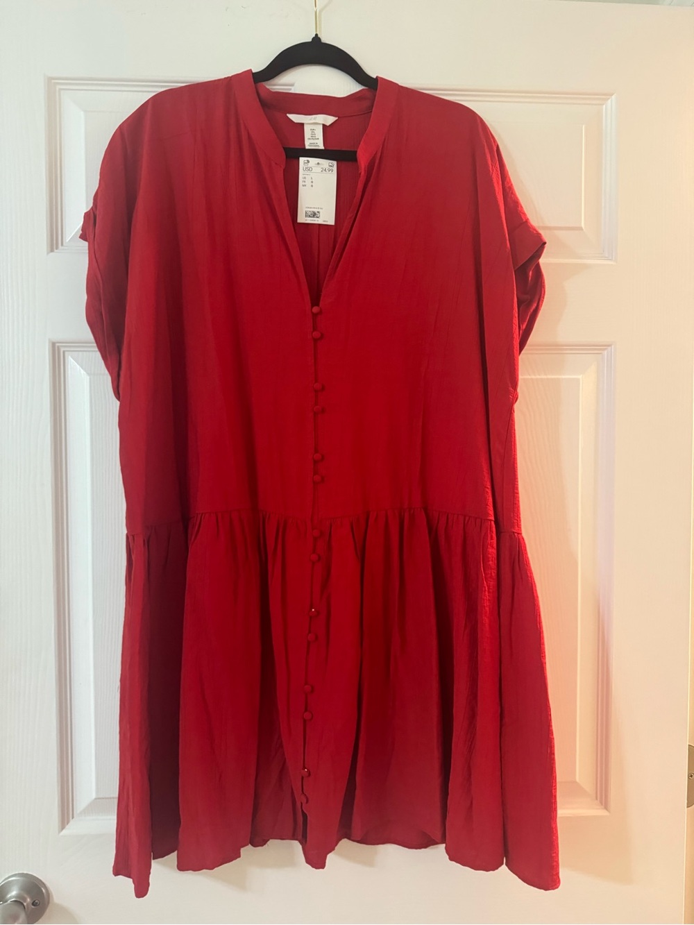 Red Button-Front Tiered Tunic Dress